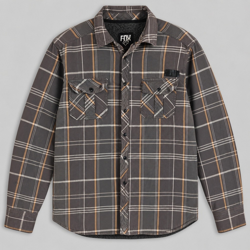 Fox Racing Mens L Sherpa Lined Plaid Flannel Shirt Jacket Brown Moto Shacket